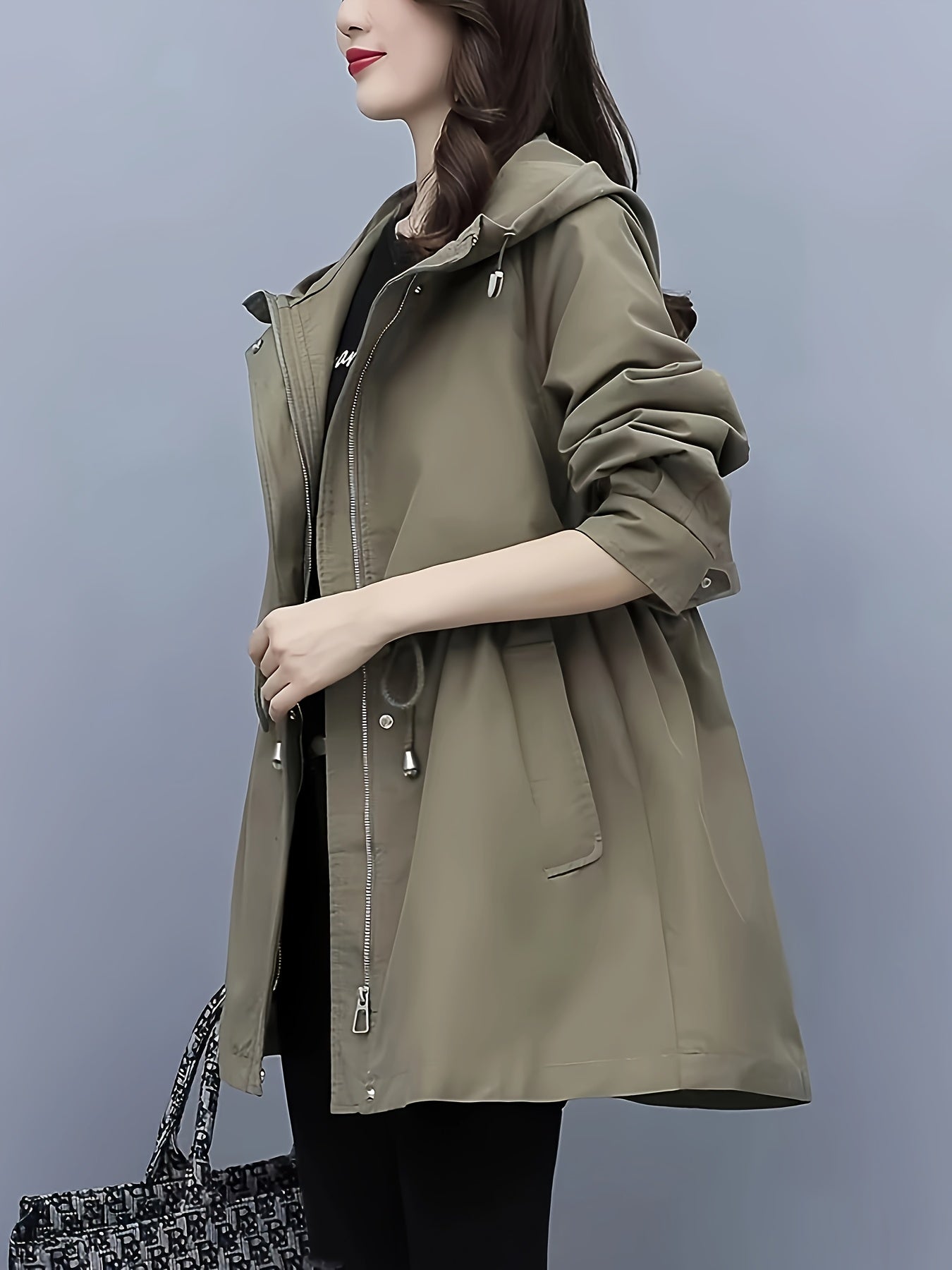 Elegant Trench Coat Polyester Women's Elegant Long Sleeve Trench Coat | Solid Color, Casual Style, Zipper Pockets,
