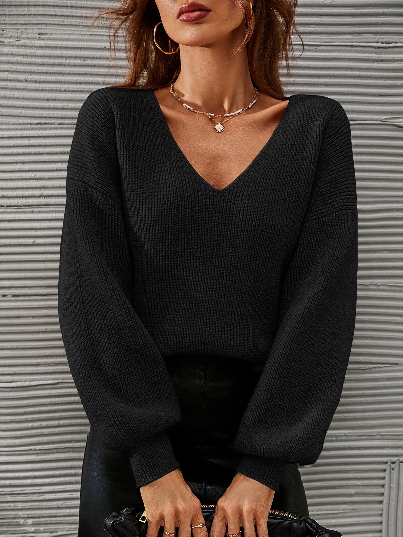 French Chic Sweater Light Green High Stretch V-Neck Drop Shoulder Sweater - Chic French Casual Acrylic Knit,