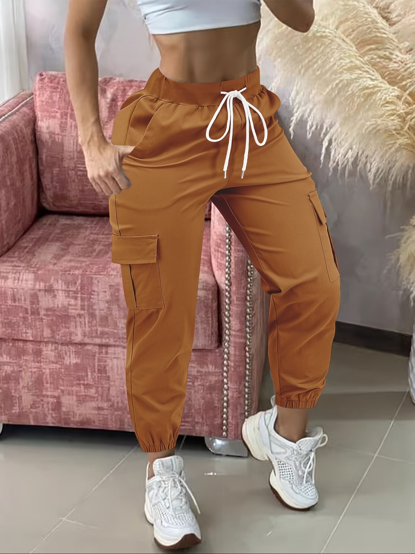Women'S Casual Cargo Pants with Drawstring Waist, Beige, Multiple Pockets, Frayed Hem, White Sneakers, All-Season Comfort Fit