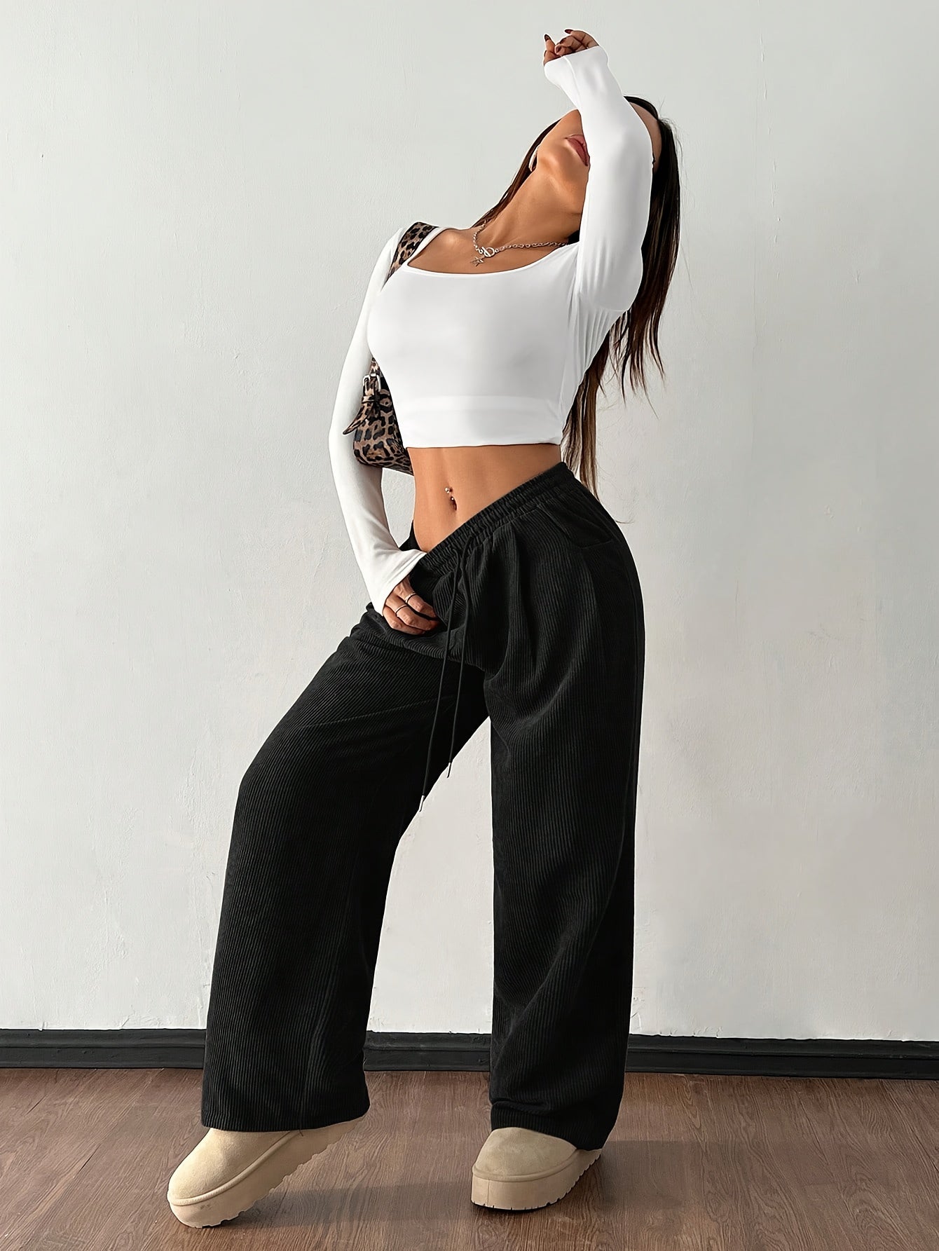 Women's Casual Corduroy Pants - Straight Leg Relaxed Fit, Machine Washable, All-Season Comfort, Solid Brown, Versatile Streetwear