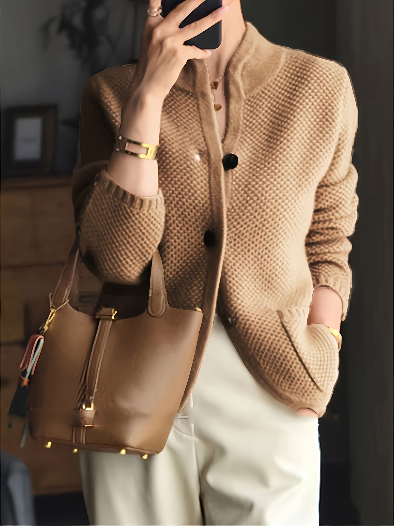 Solid Color Button Front Cardigans Coat, Casual Mock Neck Side Pockets Long Sleeve Top For Every Day,
