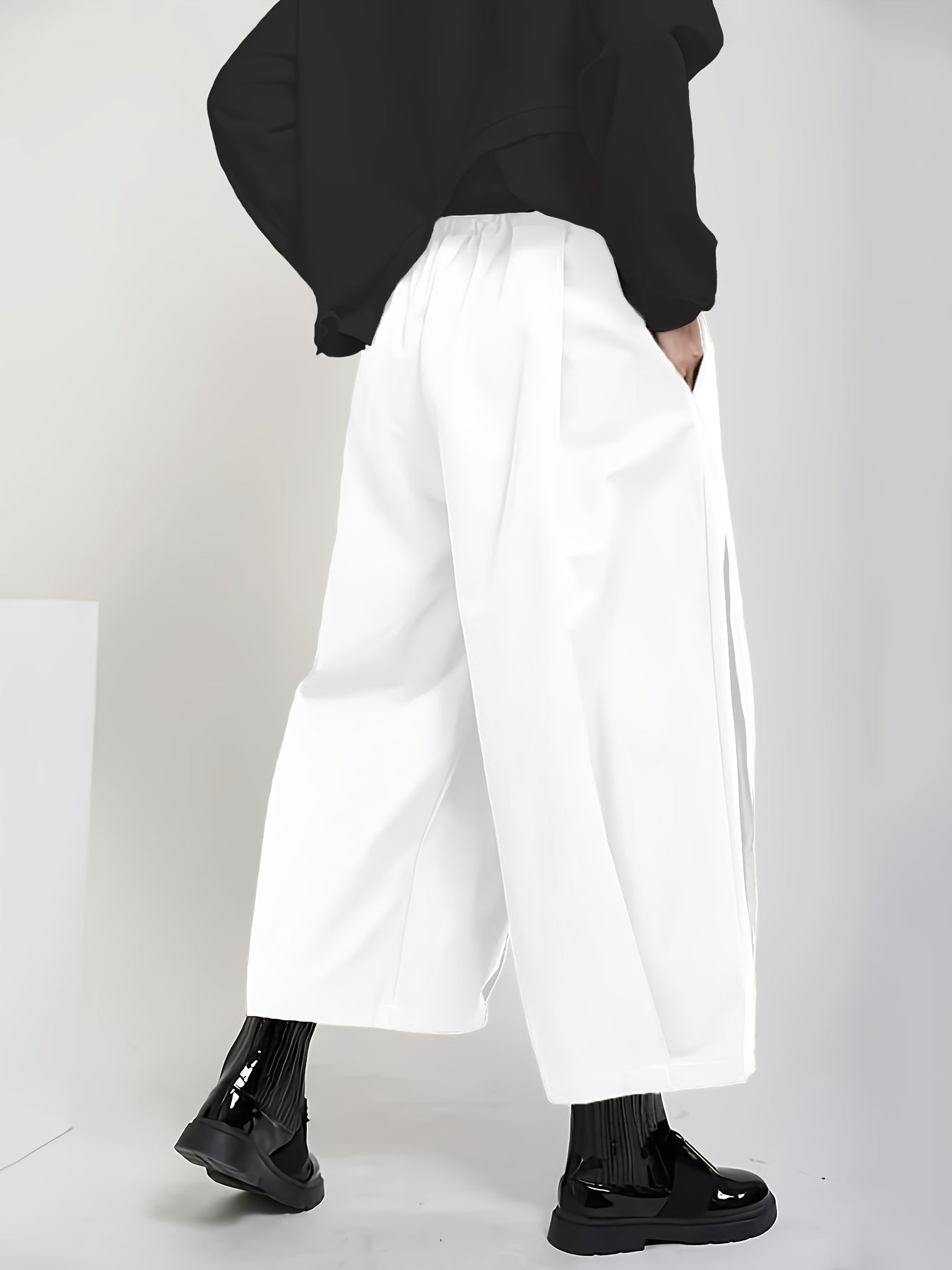Women'S Stylish Black Wide-Leg Casual Pants - High-Waisted, Button- Front, Polyester Blend, Machine Washable, Perfect for Spring\u002FSummer\u002FFall,