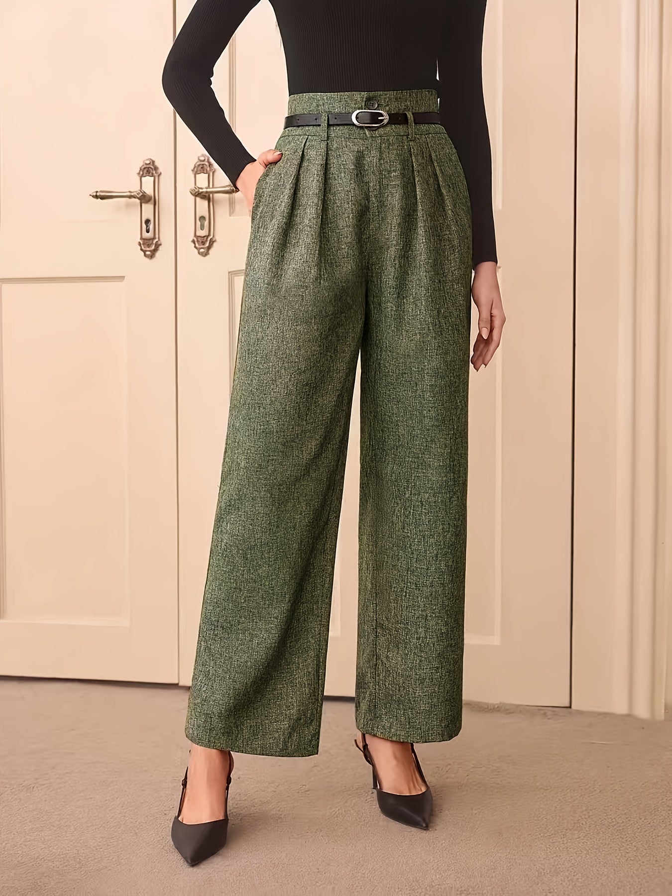 Women's High-Waisted Gray Straight-Leg Pants with Adjustable Belt - Middle Eastern-Inspired Retro Office Casual Trousers