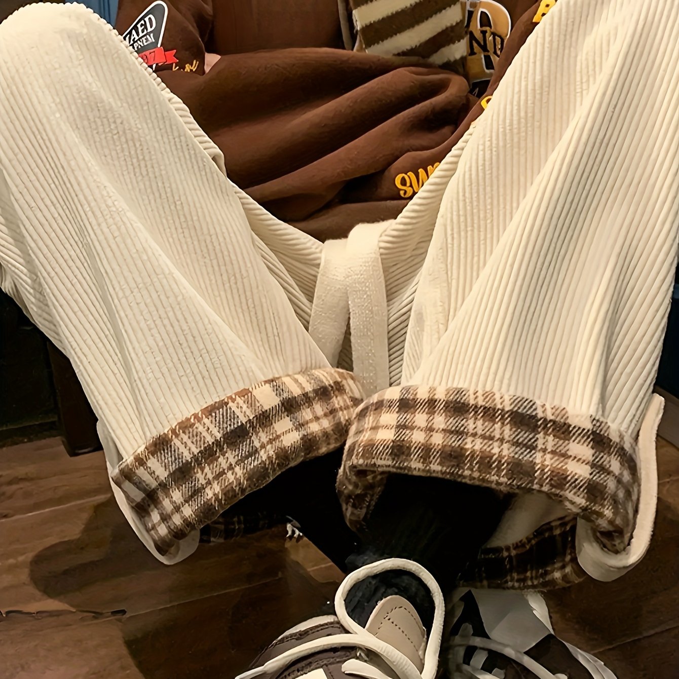 Women's Spring and Autumn Plaid Flared Pants Korean Style Loose Straight Leg