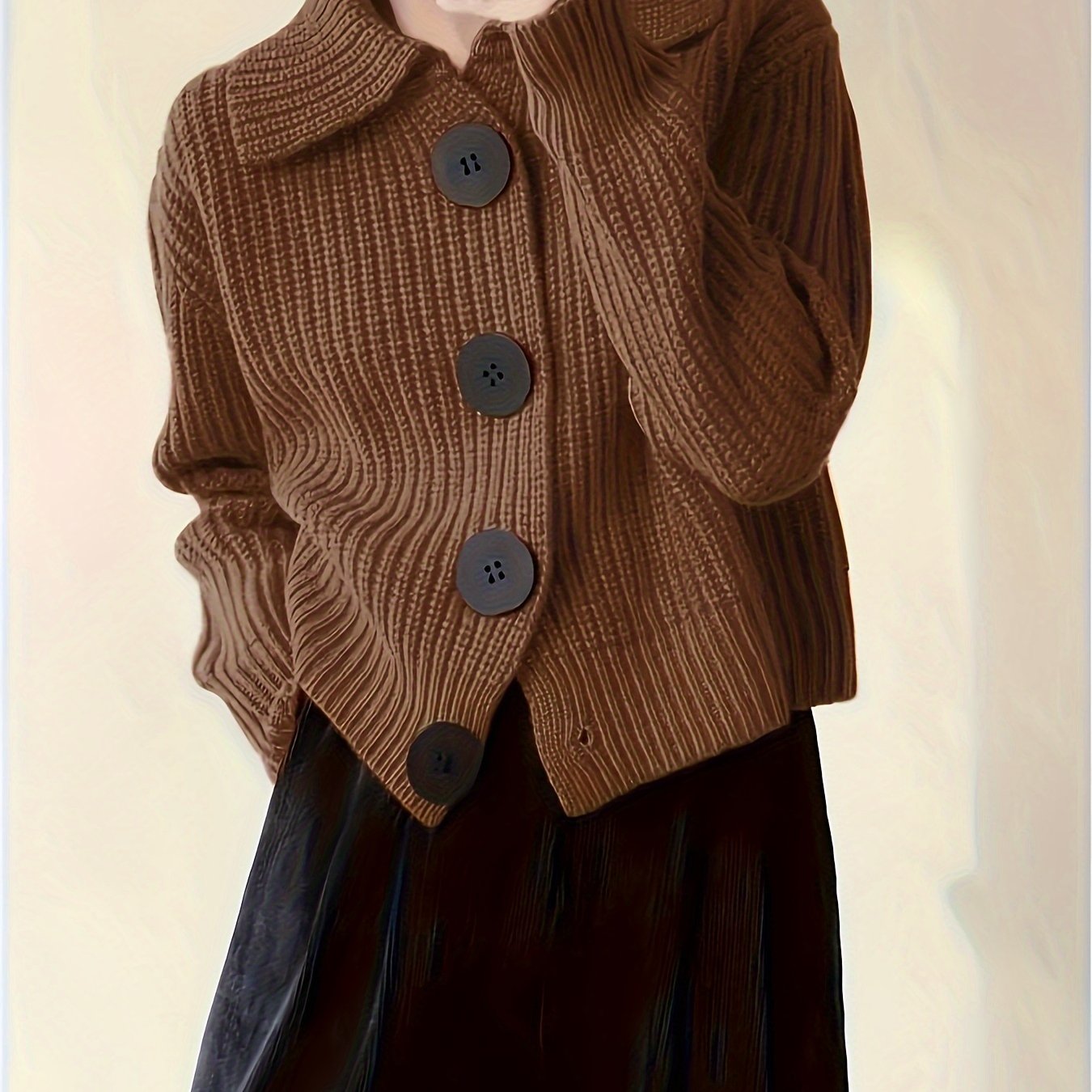 Targeted Development of a Casual Sweater Jacket, Featuring a Loose Lapel Knit Design And Large Button Details