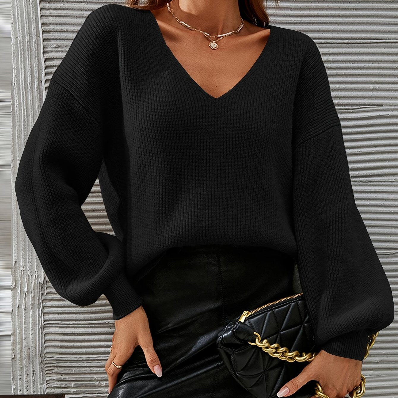 French Chic Sweater Light Green High Stretch V-Neck Drop Shoulder Sweater - Chic French Casual Acrylic Knit,