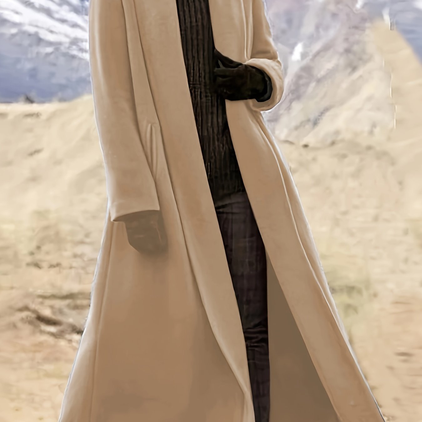 Women'S Plus Size Long Trench Coat - Casual Lapel Collar, Solid Color, Non-Stretch Fabric, Ideal for Spring\u002FFall,