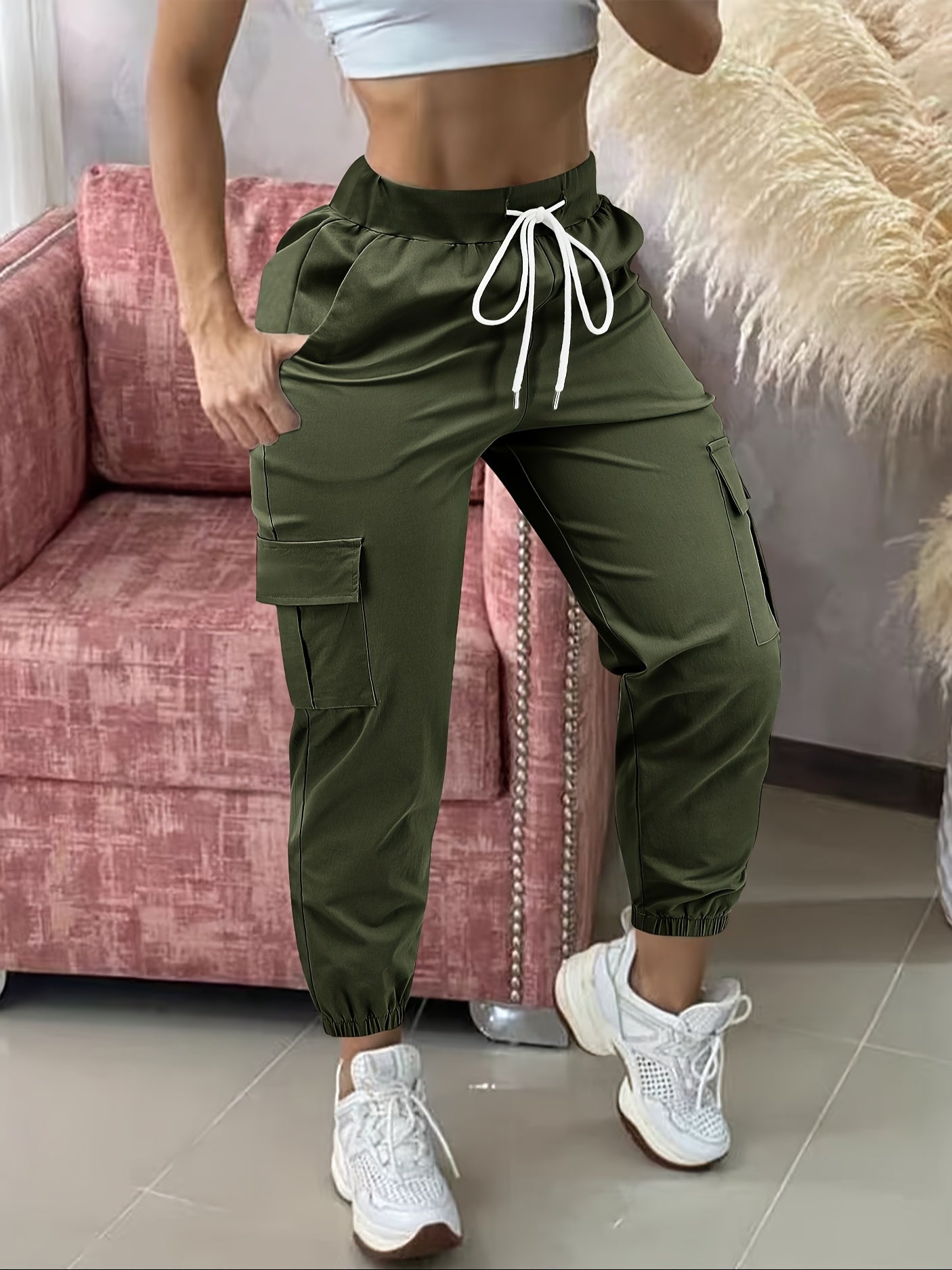 Women'S Casual Cargo Pants with Drawstring Waist, Beige, Multiple Pockets, Frayed Hem, White Sneakers, All-Season Comfort Fit