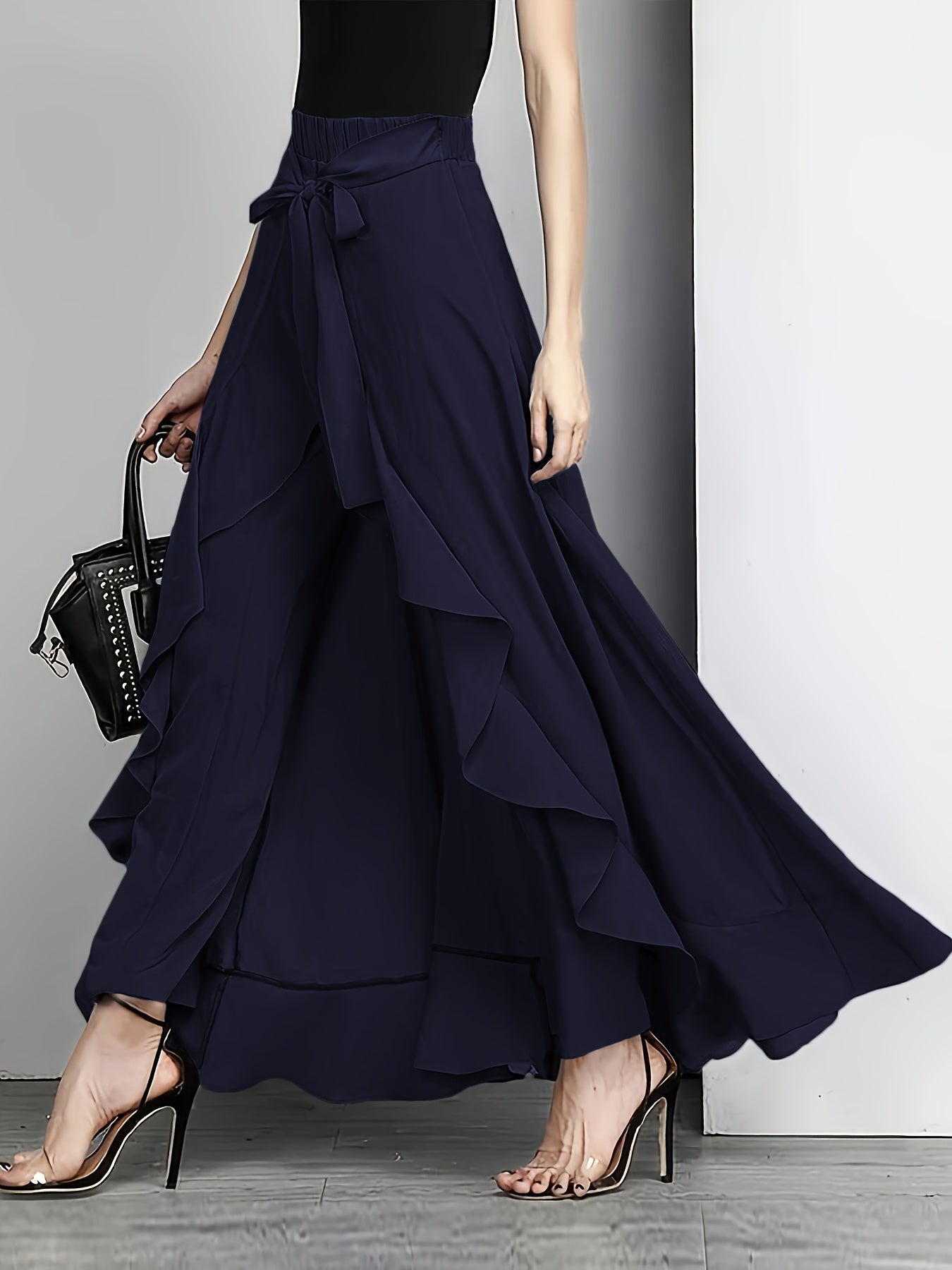 Light Blue Maxi Pants Polyester Women's Light Blue Maxi Pants | Casual Solid Color Straight Leg with Belt Detail, Flowy Design for All Seasons,