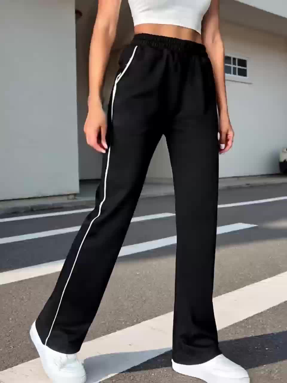 Women's High-Waisted Straight Leg Casual Pants with Elastic Waistband & Side Stripe Design - Black, Machine Washable, Perfect for Spring\u002FSummer