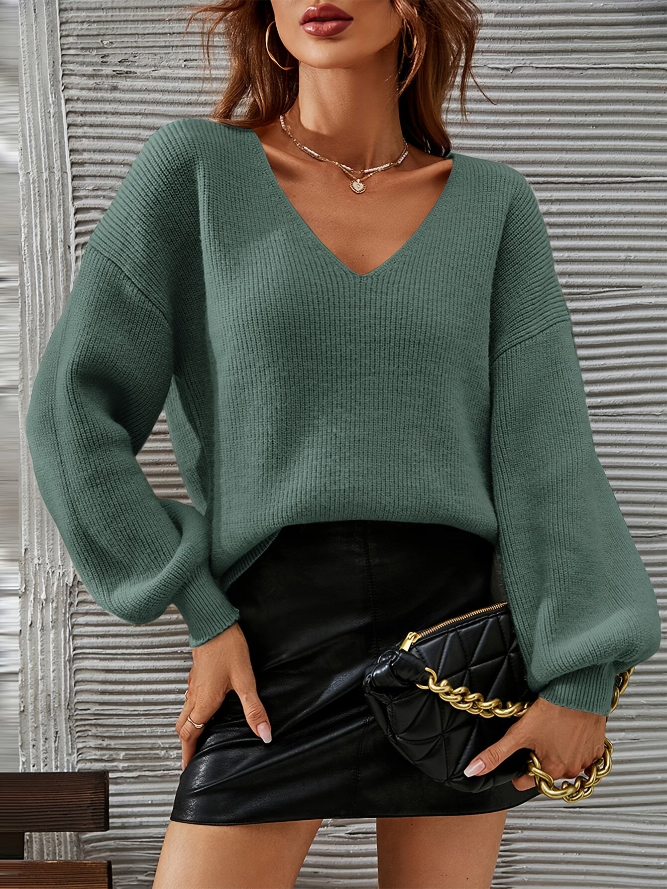 French Chic Sweater Light Green High Stretch V-Neck Drop Shoulder Sweater - Chic French Casual Acrylic Knit,