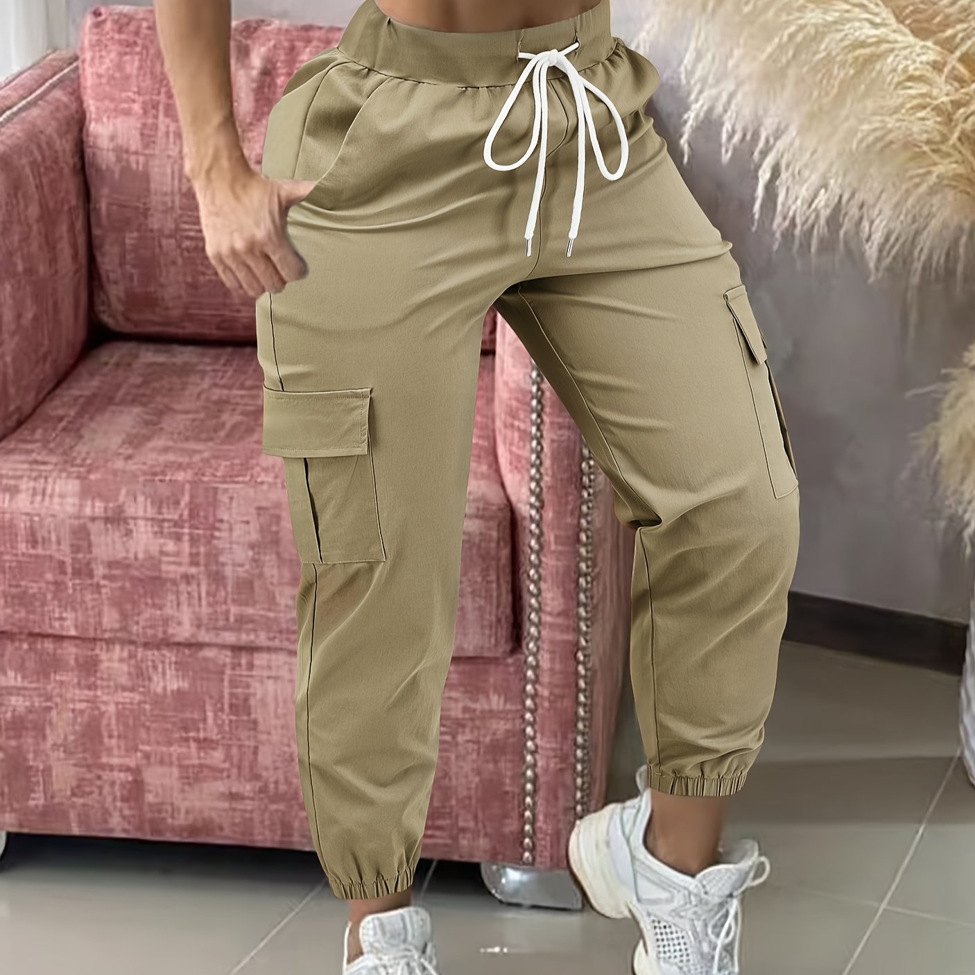 Women'S Casual Cargo Pants with Drawstring Waist, Beige, Multiple Pockets, Frayed Hem, White Sneakers, All-Season Comfort Fit