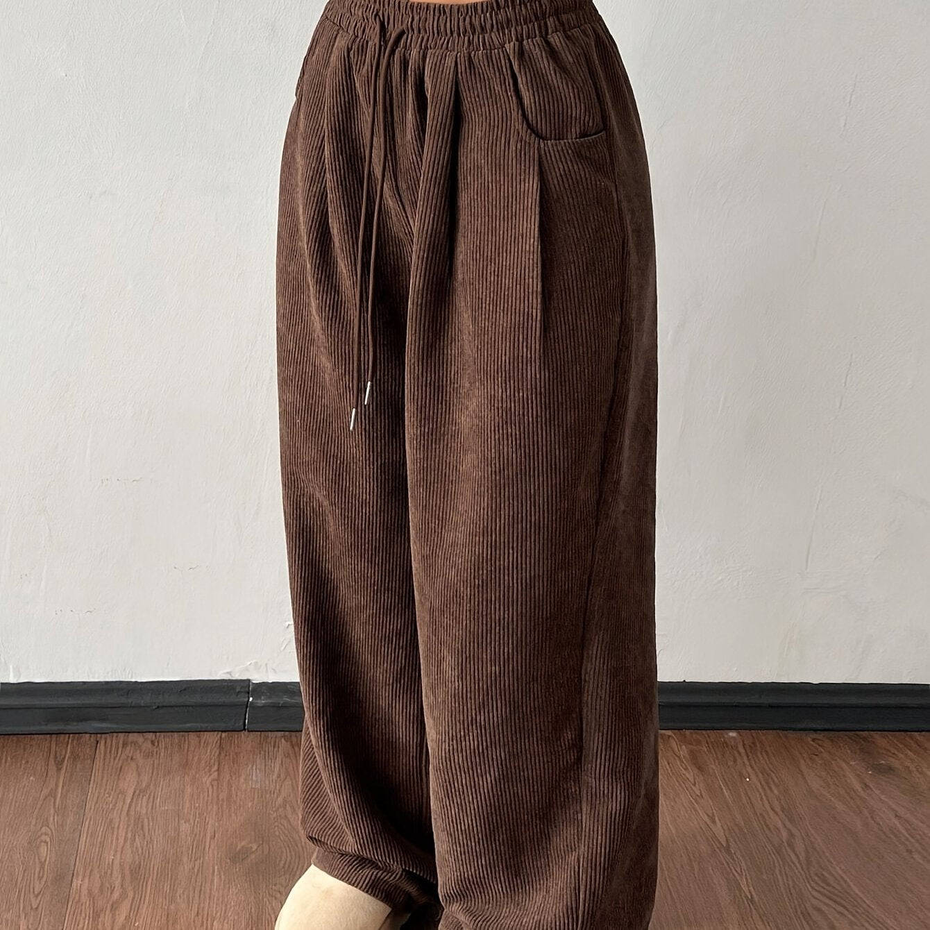 Women's Casual Corduroy Pants - Straight Leg Relaxed Fit, Machine Washable, All-Season Comfort, Solid Brown, Versatile Streetwear