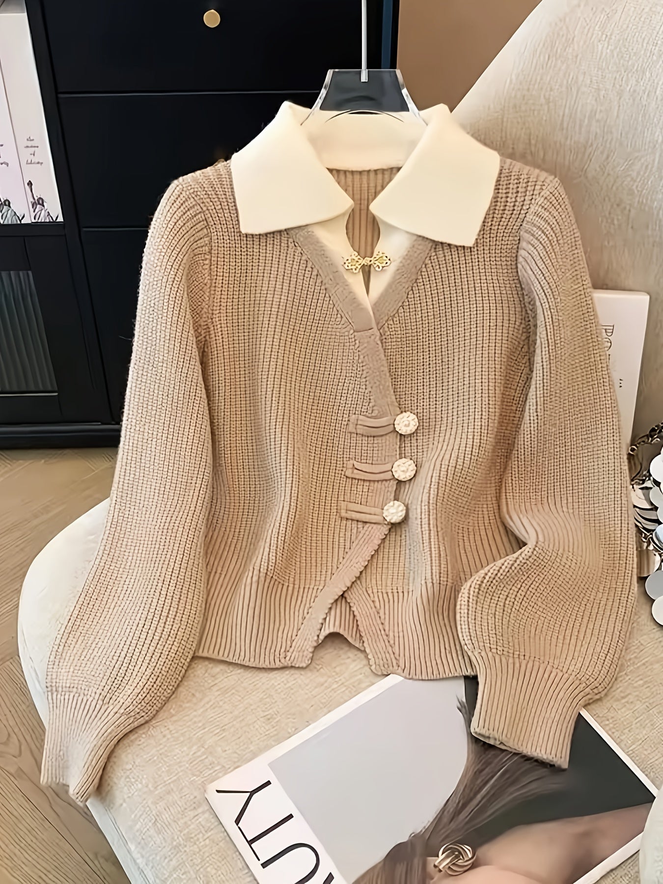 Women'S Elegant Beige Cardigan with Ribbed Detail - Light Luxury, Warm & Stylish Open Sweater for Fall and Winter,