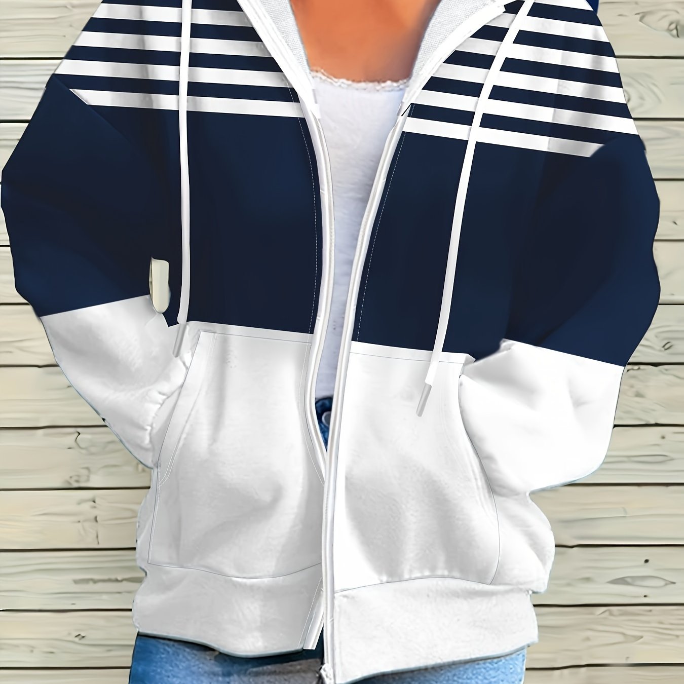 Women's Oversized Striped Color Block Zip-Up Hoodie with Adjustable Drawstring - Navy & White Horizontal Stripes, Mid-Stretch Fabric,