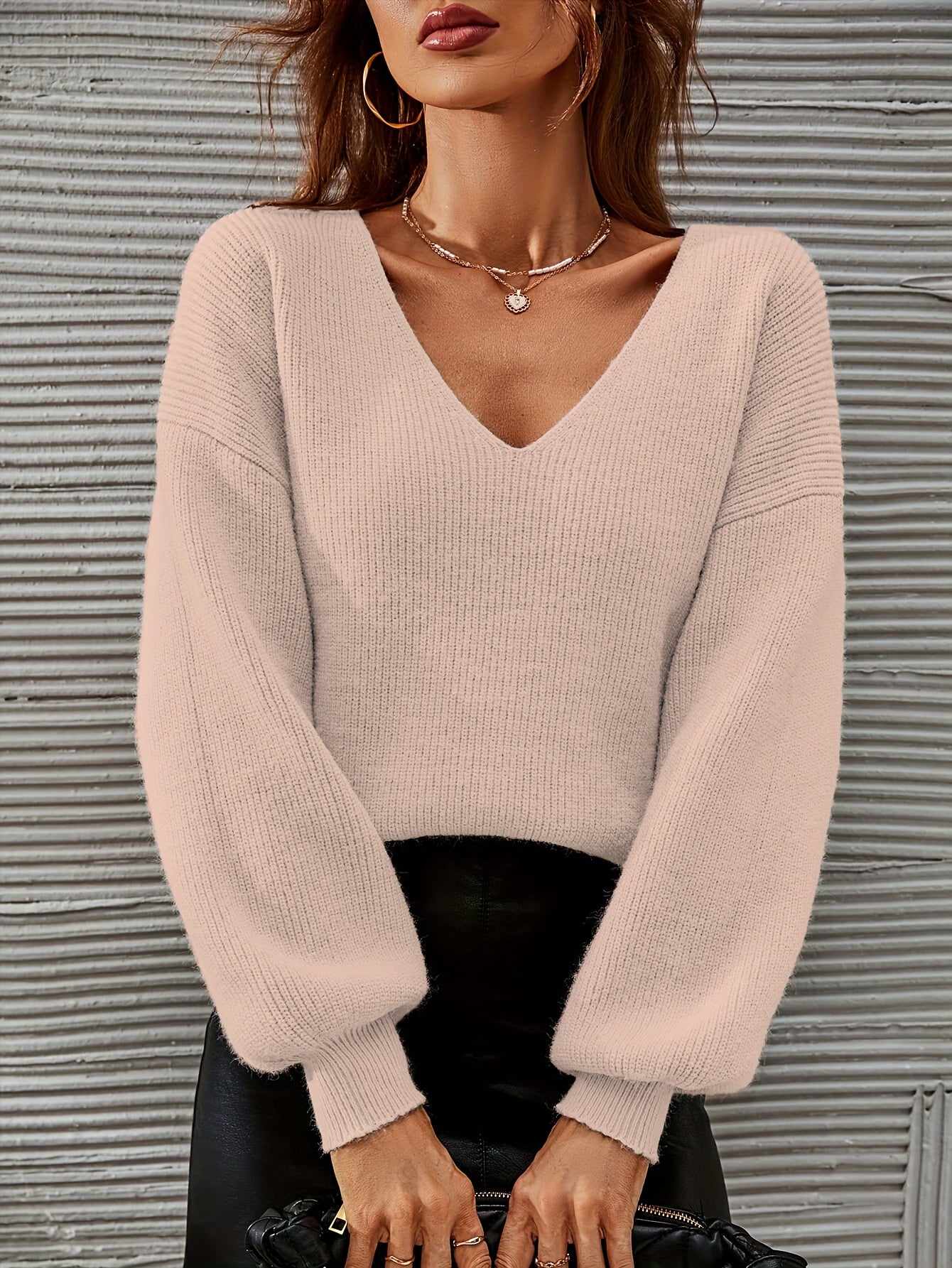 French Chic Sweater Light Green High Stretch V-Neck Drop Shoulder Sweater - Chic French Casual Acrylic Knit,