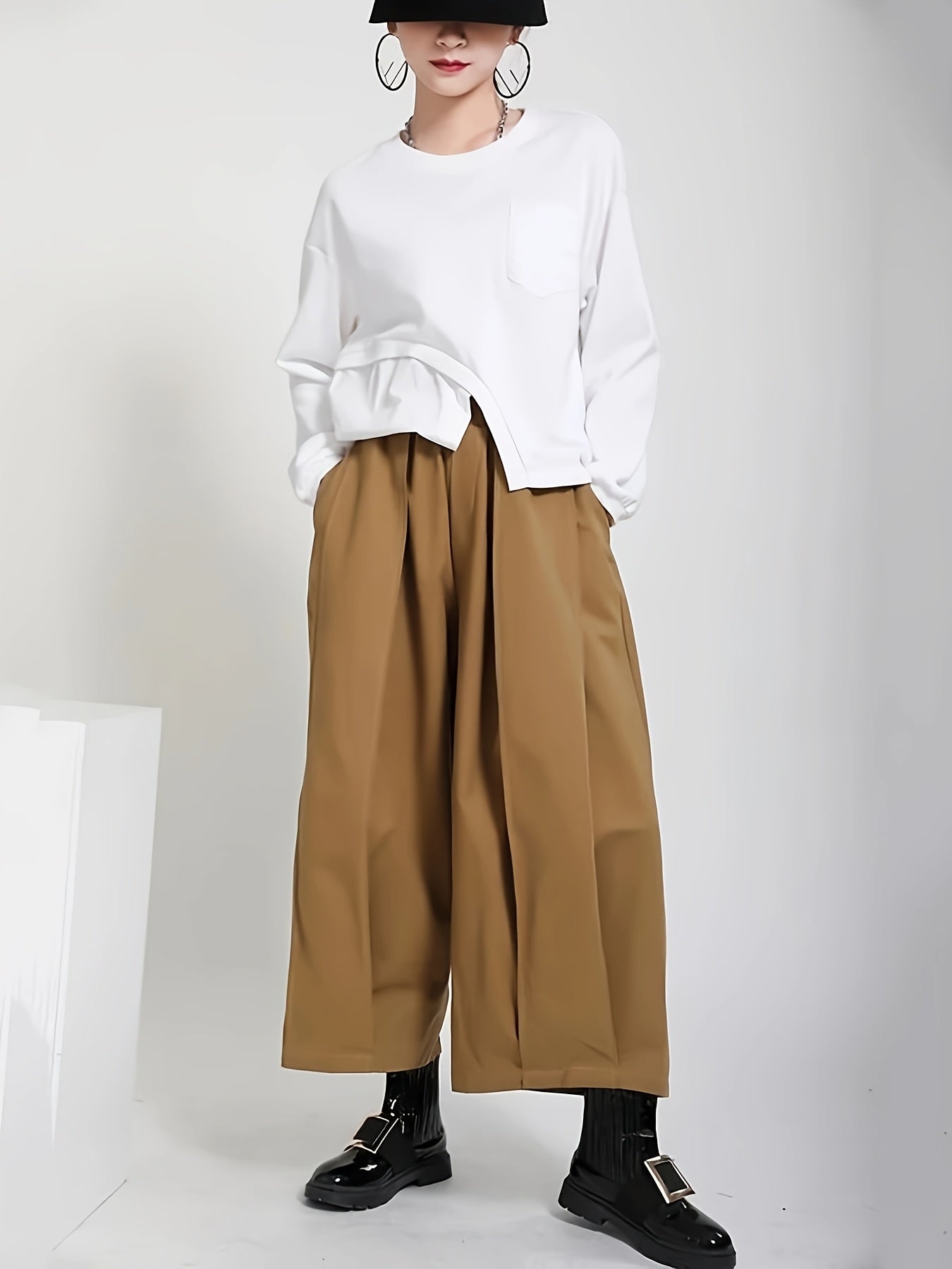 Women'S Stylish Black Wide-Leg Casual Pants - High-Waisted, Button- Front, Polyester Blend, Machine Washable, Perfect for Spring\u002FSummer\u002FFall,