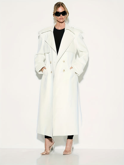 1pc Women'S Elegant Minimalist Double-Breasted Trench Coat - Long Sleeve, Solid Color, Belted Waist, Pockets, Non-Stretch Fabric,