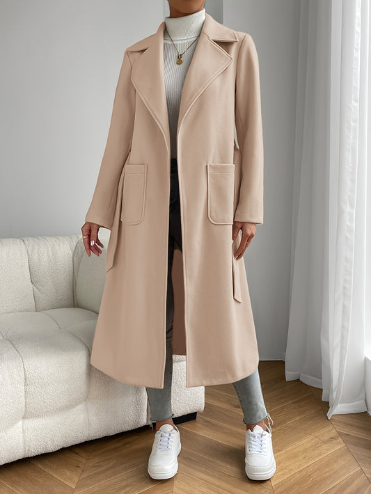 Solid Color Trench Coat Elegant Solid Color Long Sleeve Patched Pocket Trench Coat - Women's