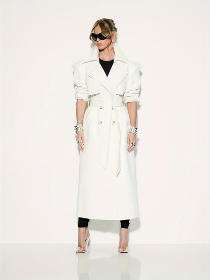 1pc Women'S Elegant Minimalist Double-Breasted Trench Coat - Long Sleeve, Solid Color, Belted Waist, Pockets, Non-Stretch Fabric,
