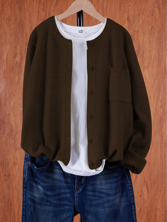 Women's Casual Button-Up Cardigan - Soft Stretchy Long Sleeve with Pockets, Solid Brown for Spring\u002FFall, Lightweight and Comfortable Casual Attire,