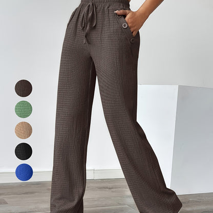 Women'S Casual Solid Color Pants with Faux Button Detail - Elastic Waistband, Drawstring, and Side Pockets, Lightweight Summer Trousers for Casual Attire
