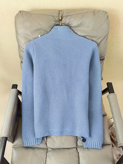 Solid Color Button Front Cardigans Coat, Casual Mock Neck Side Pockets Long Sleeve Top For Every Day,