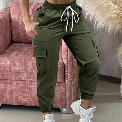 Women'S Casual Cargo Pants with Drawstring Waist, Beige, Multiple Pockets, Frayed Hem, White Sneakers, All-Season Comfort Fit