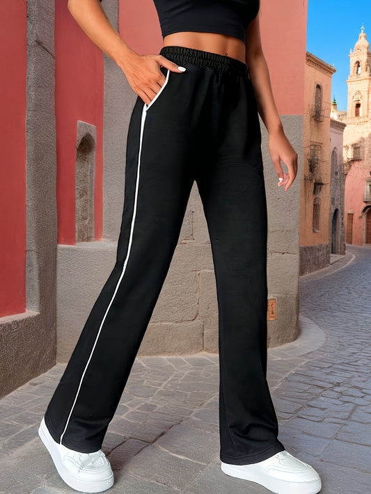 Women's High-Waisted Straight Leg Casual Pants with Elastic Waistband & Side Stripe Design - Black, Machine Washable, Perfect for Spring\u002FSummer