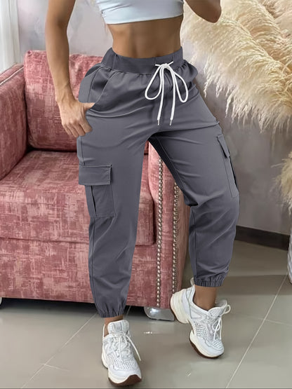 Women'S Casual Cargo Pants with Drawstring Waist, Beige, Multiple Pockets, Frayed Hem, White Sneakers, All-Season Comfort Fit