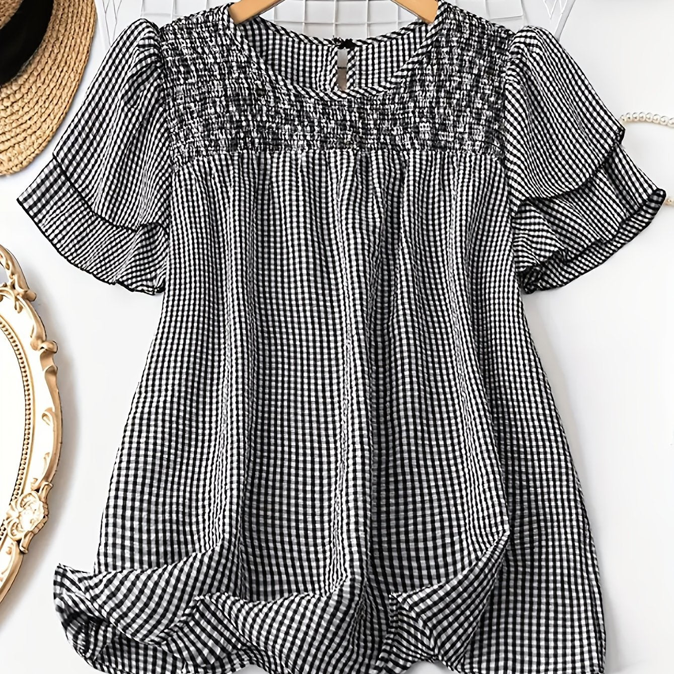 Women's Casual Checkered Button-Up Shirt - Black & White Grid Pattern, Short Sleeve Round Neck Blouse, Machine Washable Spring Summer Top,