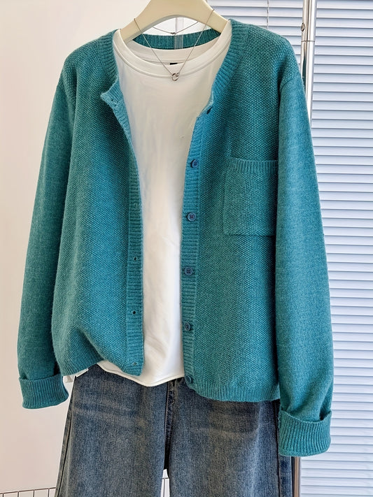 Women's Casual Button-Up Cardigan - Soft Stretchy Long Sleeve with Pockets, Solid Brown for Spring\u002FFall, Lightweight and Comfortable Casual Attire,