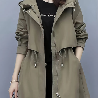 Elegant Trench Coat Polyester Women's Elegant Long Sleeve Trench Coat | Solid Color, Casual Style, Zipper Pockets,