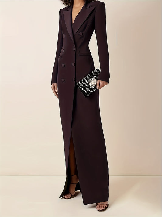 Women'S Elegant Double-Breasted Long Sleeve Trench Coat - Solid Color, Button Details, High-Waisted Design, Perfect for Formal Events,