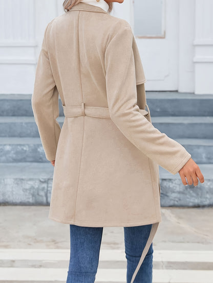 Beige Trench Coat Elegant Beige Women's Coat | Middle Eastern-Inspired Round Neck Trench Coat with Front Zipper & Bow Detail, Machine Washable