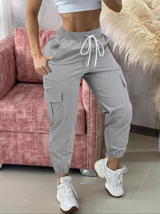 Women'S Casual Cargo Pants with Drawstring Waist, Beige, Multiple Pockets, Frayed Hem, White Sneakers, All-Season Comfort Fit