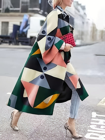 Women'S Stylish Geometric Print Trench Coat - Long Sleeve, Button-Up Front, Polyester, Green with Black & Yellow Accents, Perfect for Spring & Fall,