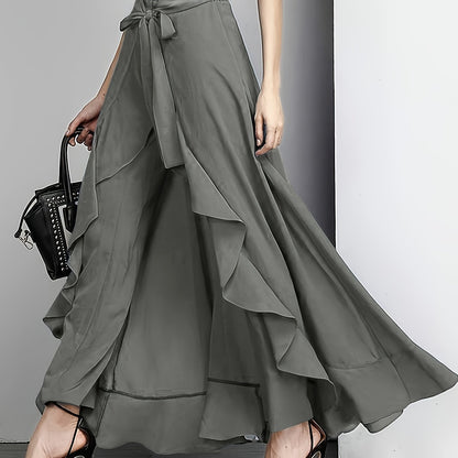 Light Blue Maxi Pants Polyester Women's Light Blue Maxi Pants | Casual Solid Color Straight Leg with Belt Detail, Flowy Design for All Seasons,
