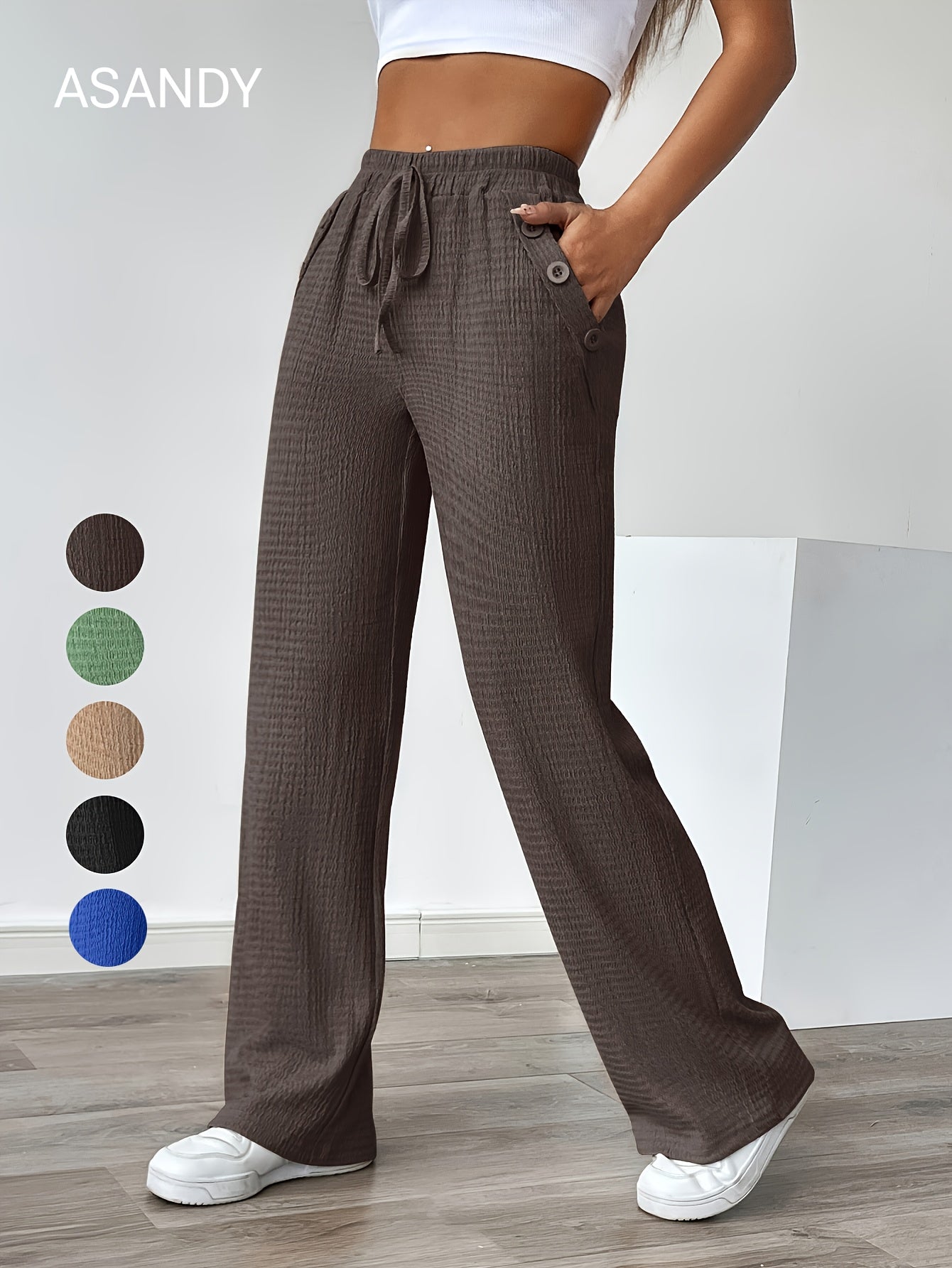 Women'S Casual Solid Color Pants with Faux Button Detail - Elastic Waistband, Drawstring, and Side Pockets, Lightweight Summer Trousers for Casual Attire