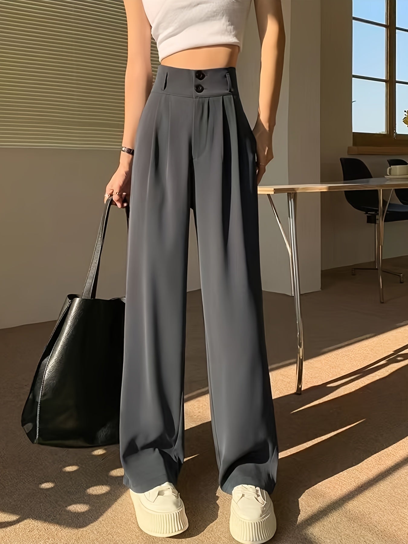 High-Waisted Wide-Leg Pants Women's High-Waisted Wide-Leg Pants - Black Cool & Breathable Fabric, Relaxed Fit All-Season Trousers for Casual & Formal Wear,