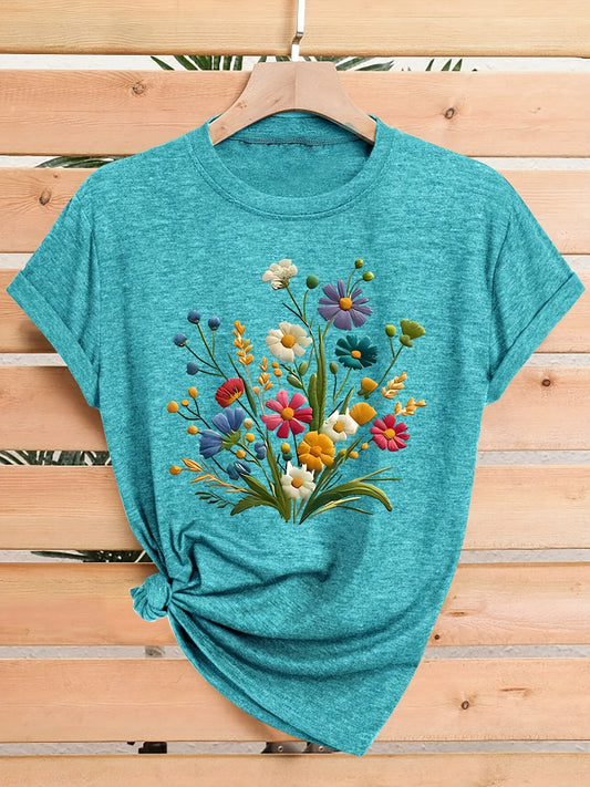 Vintage T-Shirt Vintage Floral Women's T-Shirt | Casual Crew Neck Short Sleeve Top, Medium Stretch Fabric,