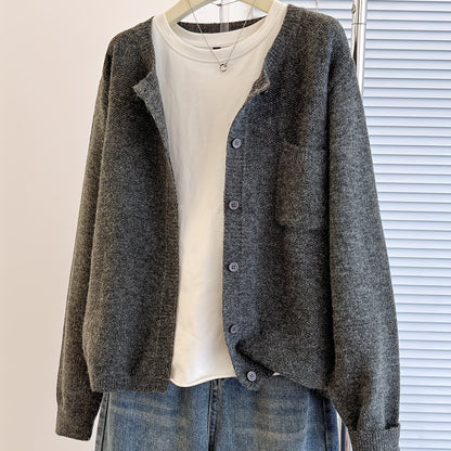 Women's Casual Button-Up Cardigan - Soft Stretchy Long Sleeve with Pockets, Solid Brown for Spring\u002FFall, Lightweight and Comfortable Casual Attire,
