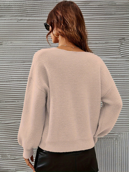 French Chic Sweater Light Green High Stretch V-Neck Drop Shoulder Sweater - Chic French Casual Acrylic Knit,
