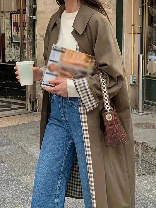Women's Trench Coat Oversized Women's Long Sleeve Trench Coat | Button-Front, Plaid-Lined Pockets, Elegant Solid Color Design, Classic Style,