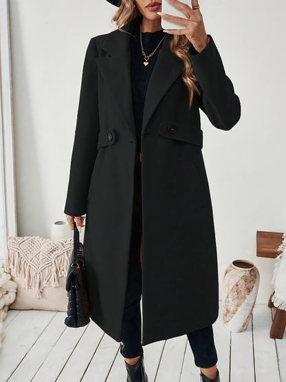 Women's Elegant Long Black Tweed Coat with Adjustable Belt - H-Silhouette Asymmetrical Hem, Machine Washable Winter Trench Coat for Fall & Winter,