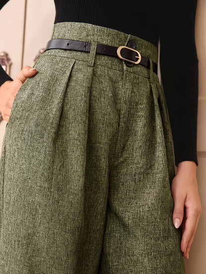 Women's High-Waisted Gray Straight-Leg Pants with Adjustable Belt - Middle Eastern-Inspired Retro Office Casual Trousers