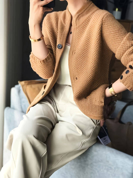 Solid Color Button Front Cardigans Coat, Casual Mock Neck Side Pockets Long Sleeve Top For Every Day,