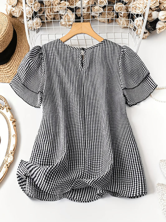 Women's Casual Checkered Button-Up Shirt - Black & White Grid Pattern, Short Sleeve Round Neck Blouse, Machine Washable Spring Summer Top,