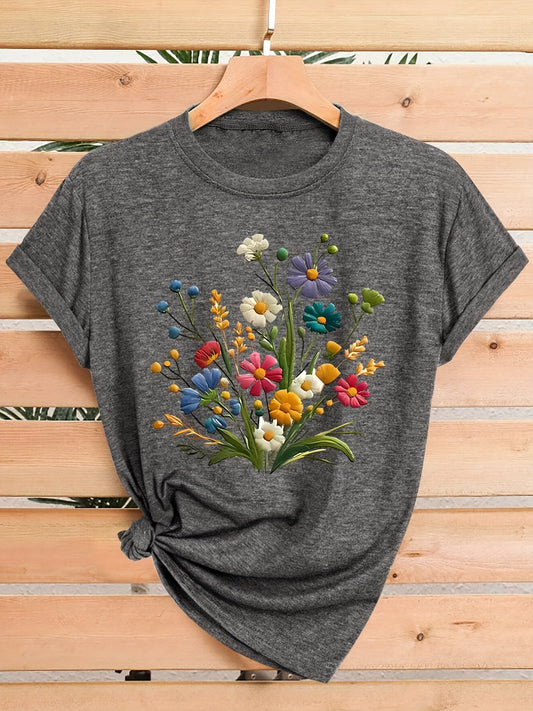 Vintage T-Shirt Vintage Floral Women's T-Shirt | Casual Crew Neck Short Sleeve Top, Medium Stretch Fabric,