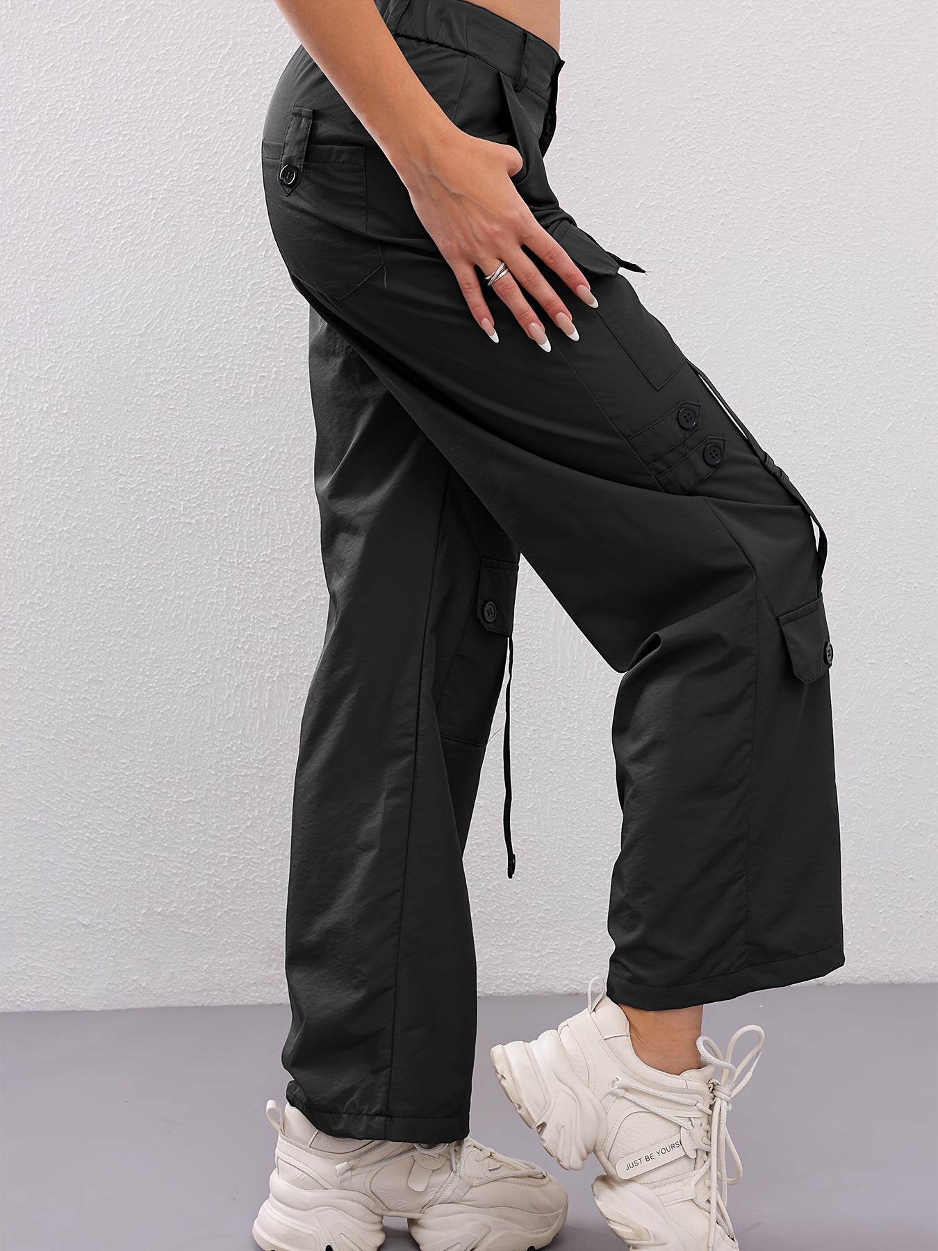Retro Women's casual pants - black, straight leg, spring and autumn fashion, multiple pockets, soft polyester fiber all-season comfortable outdoor trousers